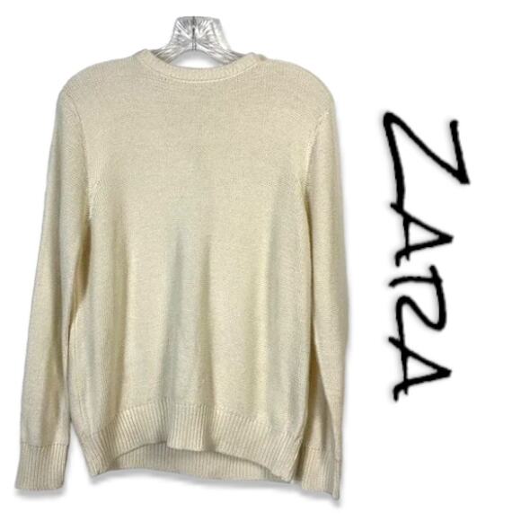 Zara Knit Cable Sweater Keyhole Back Ecru Size M - Picture 1 of 10
